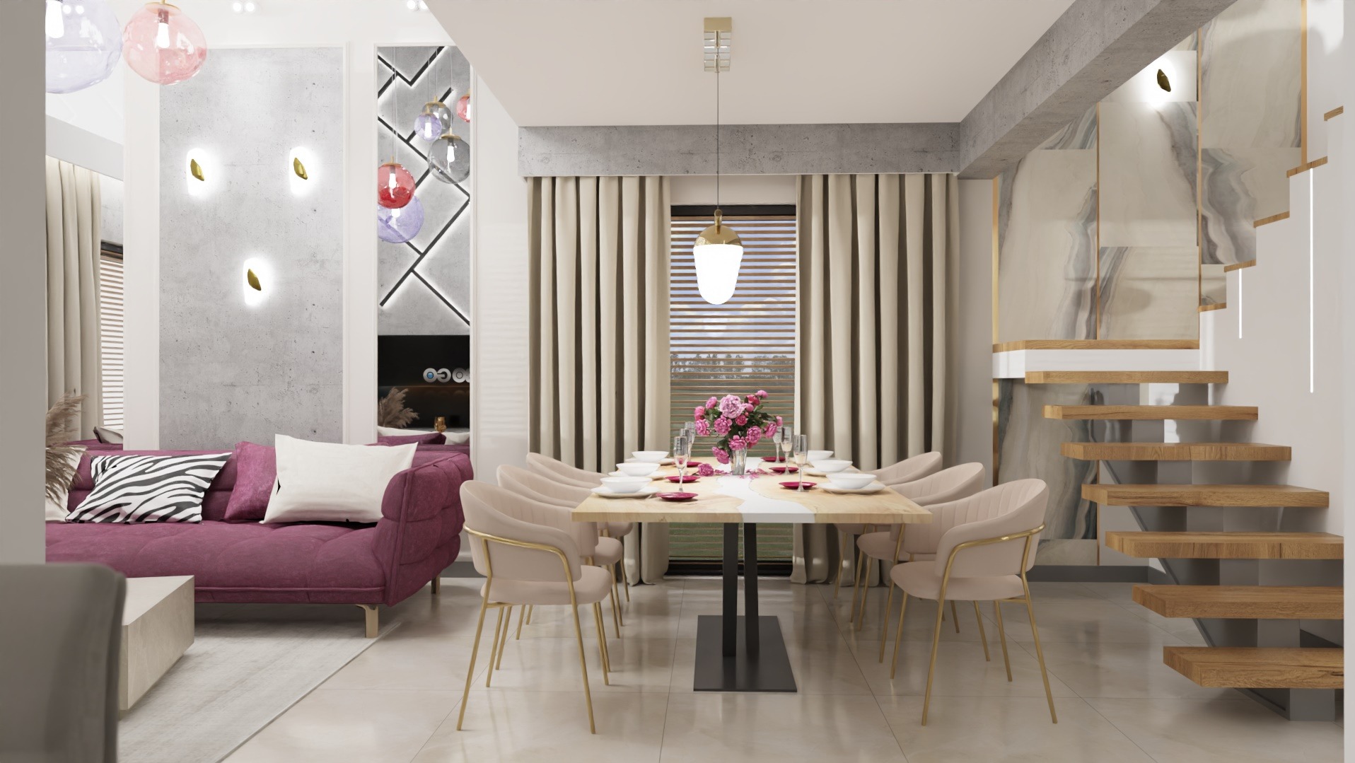 Wnętrze nowoczesnego salonu z jadalnią: fuksjowa sofa z poduszkami w geometryczne wzory, stół z kremowymi krzesłami, kwiaty w wazonie, schody z drewnianymi stopniami i marmurowym wykończeniem...