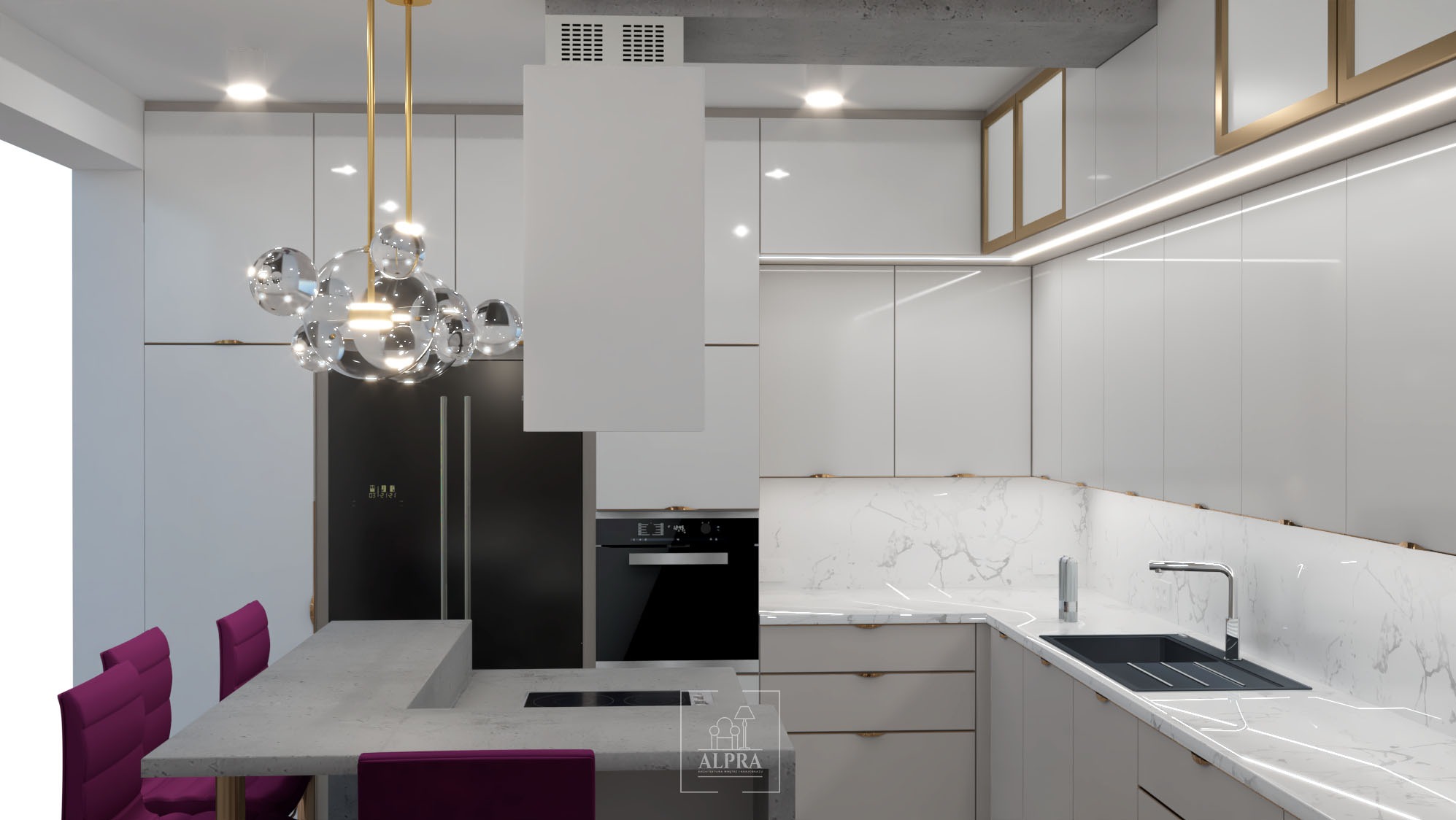 Wizualizacja nowoczesnej kuchni z białymi lakierowanymi szafkami, marmurowym blatem i złotymi akcentami, oświetlona kulistym żyrandolem i listwami LED, z widocznym czarnym piekarnikiem i lodówką...