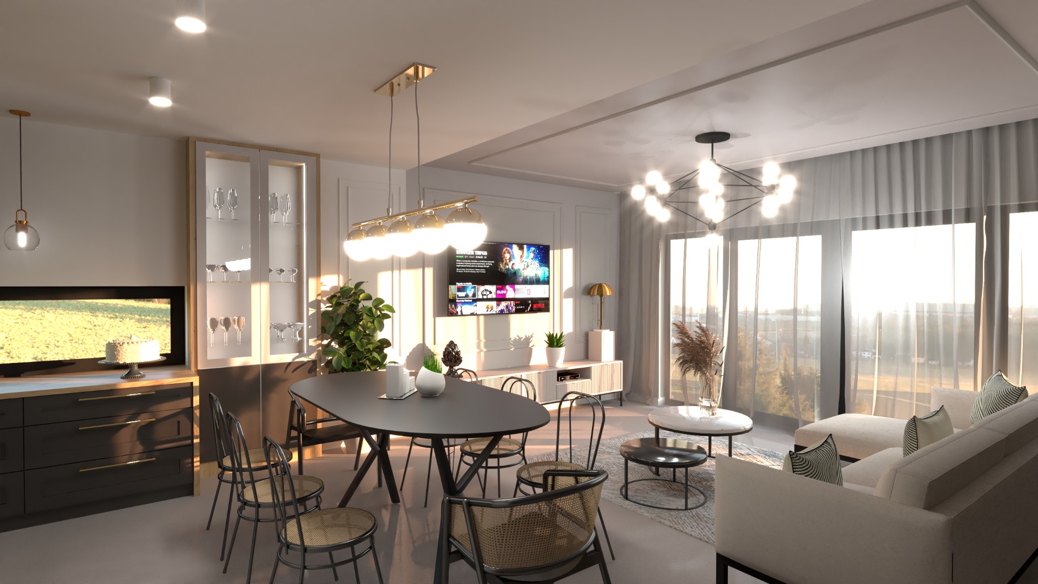 Wizualizacja wnętrza salonu z jadalnią, z dominującą kolorystyką bieli, szarości i czerni. W tle widoczny telewizor i okna z widokiem na zewnątrz. Nad stołem jadalnianym wisząca lampa z kilkoma...