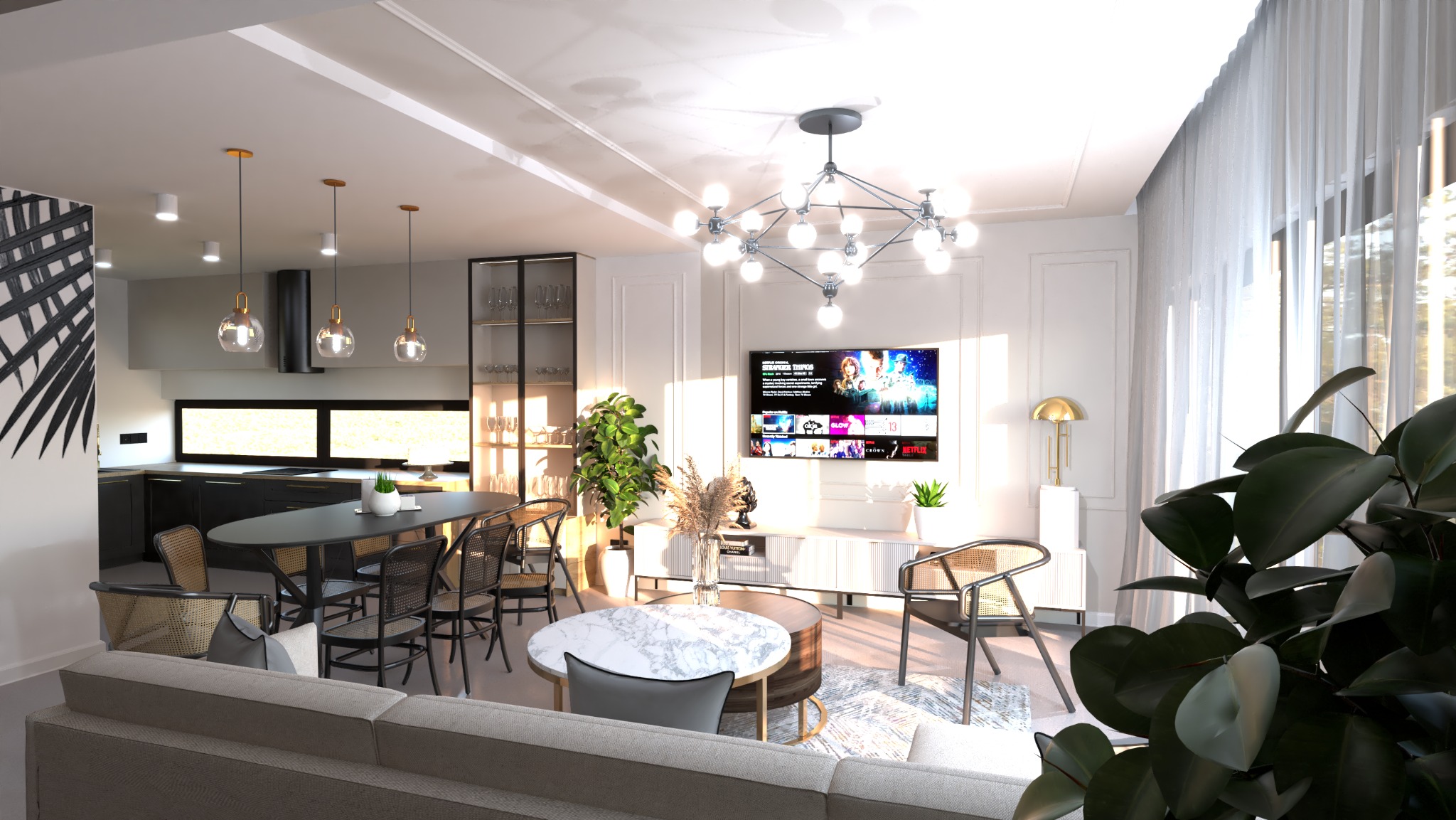 Jasne, przestronne wnętrze salonu z aneksem kuchennym, wyposażone w nowoczesne meble: okrągły stolik kawowy z marmurowym blatem, stół z czarnym blatem i krzesła z plecionki, szarą sofę oraz szafkę...