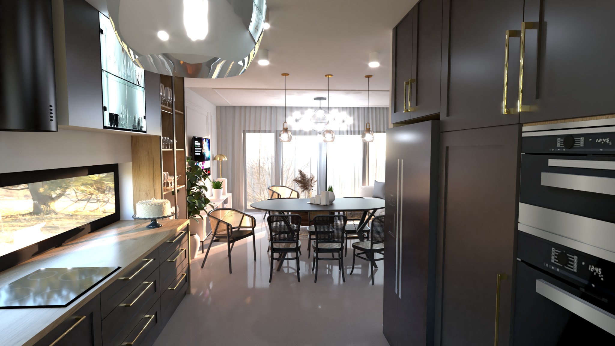 Nowoczesna kuchnia z ciemnymi szafkami, złotymi uchwytami i dużym stołem jadalnym z krzesłami z plecionki w tle, widok na salon przez okno.