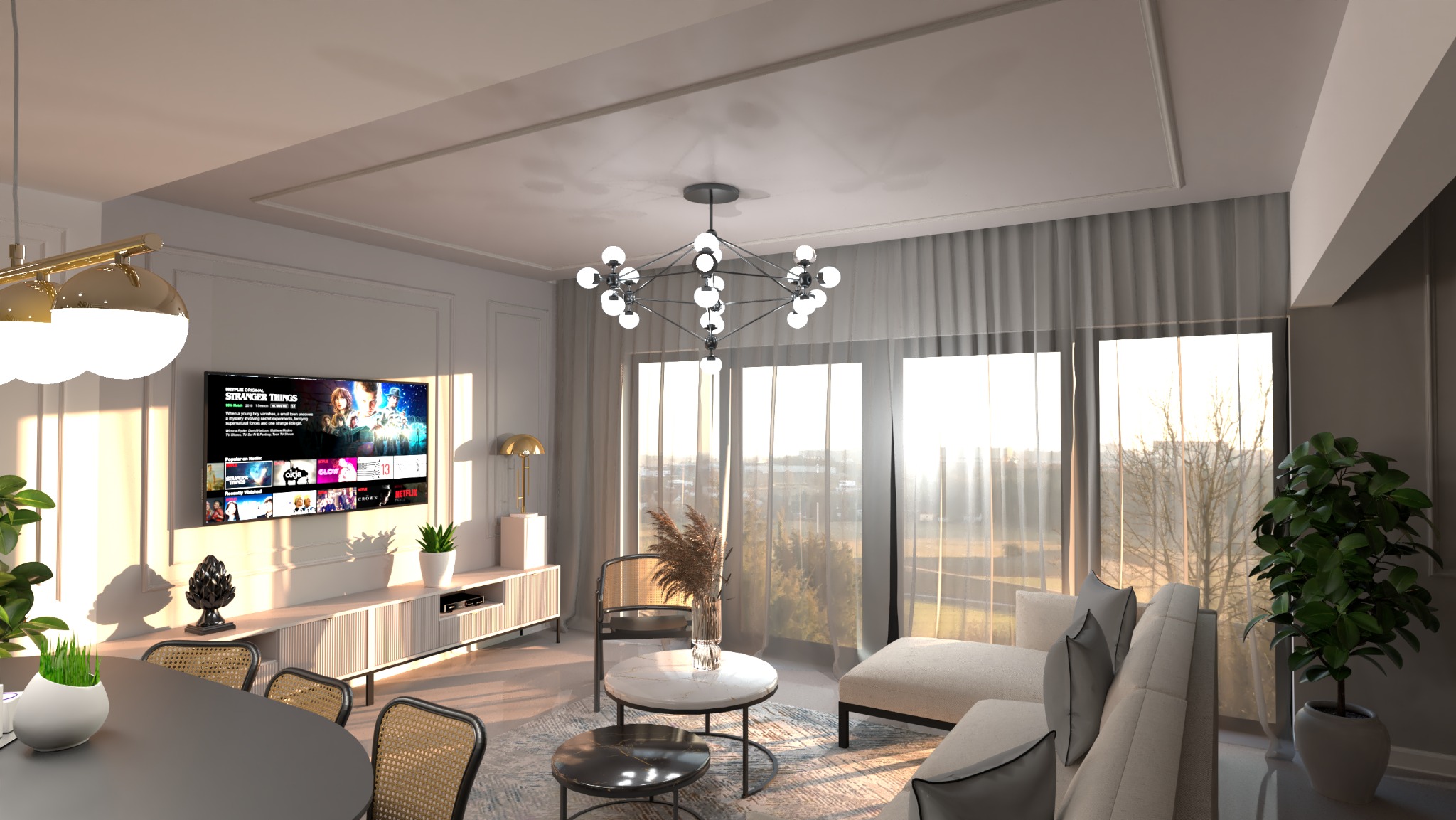 Wizualizacja salonu z dużym oknem, telewizorem z włączonym serialem Stranger Things, okrągłym stołem z rattanowymi krzesłami i nowoczesnym oświetleniem.