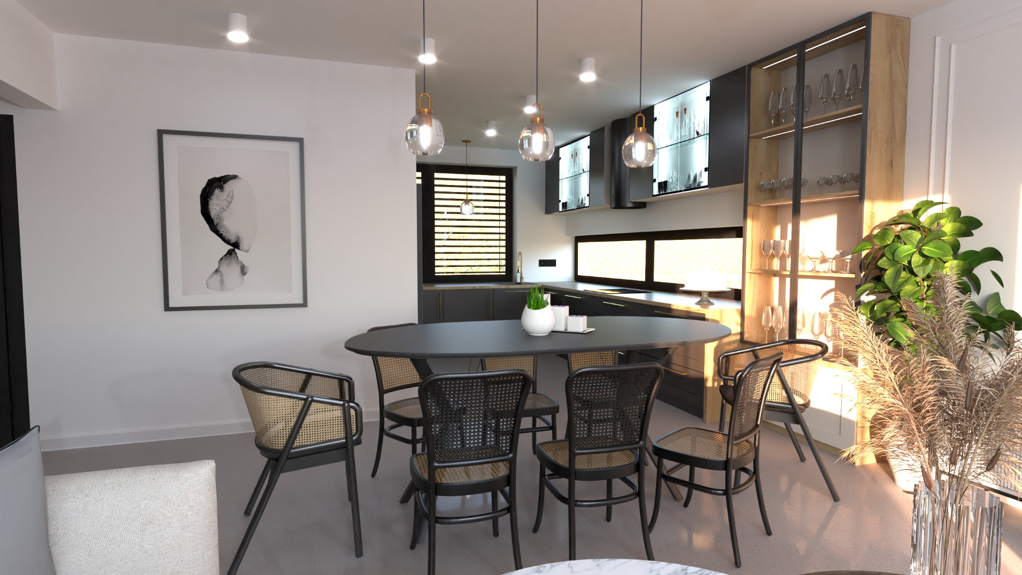 Wnętrze jadalni z owalnym, czarnym stołem otoczonym krzesłami z rattanowym siedziskiem, widok na nowoczesną kuchnię z czarnymi szafkami i drewnianą witryną z oświetleniem, minimalistyczny obraz...