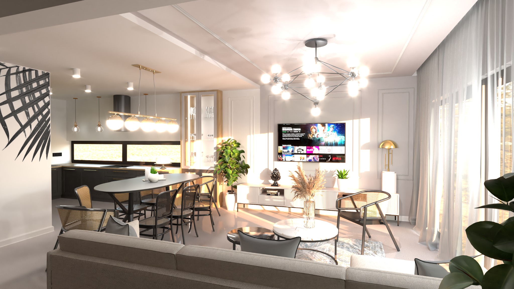 Wnętrze przestronnego salonu z aneksem kuchennym, oświetlone naturalnym światłem wpadającym przez okno z białymi, zwiewnymi zasłonami. W centralnej części znajduje się stół jadalny z czarnymi...