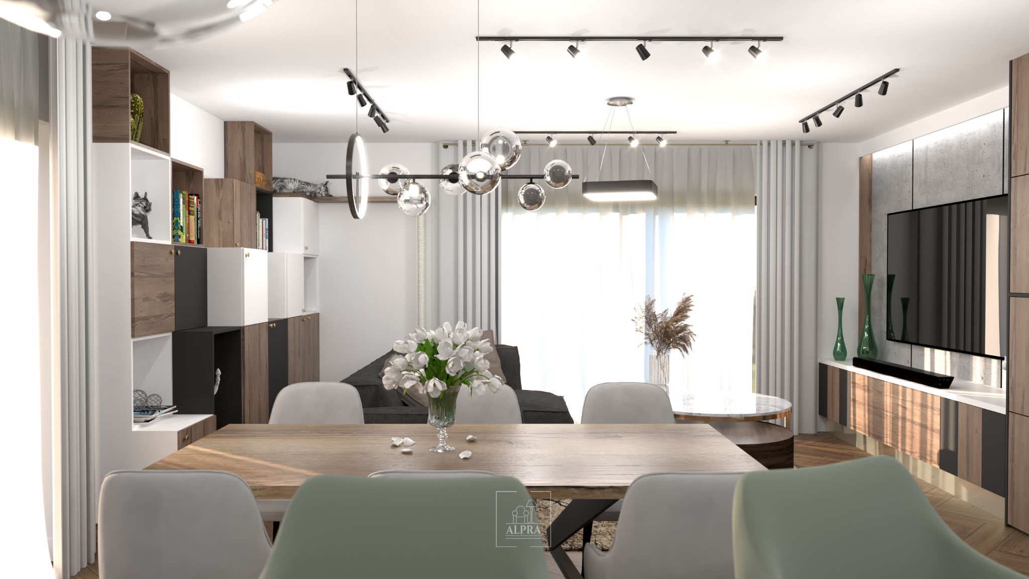Wizualizacja jadalni z drewnianym stołem, białymi tulipanami w wazonie, szarymi krzesłami i oświetleniem punktowym na suficie. W tle regał z książkami i dekoracjami, sofa i okno z zasłonami.