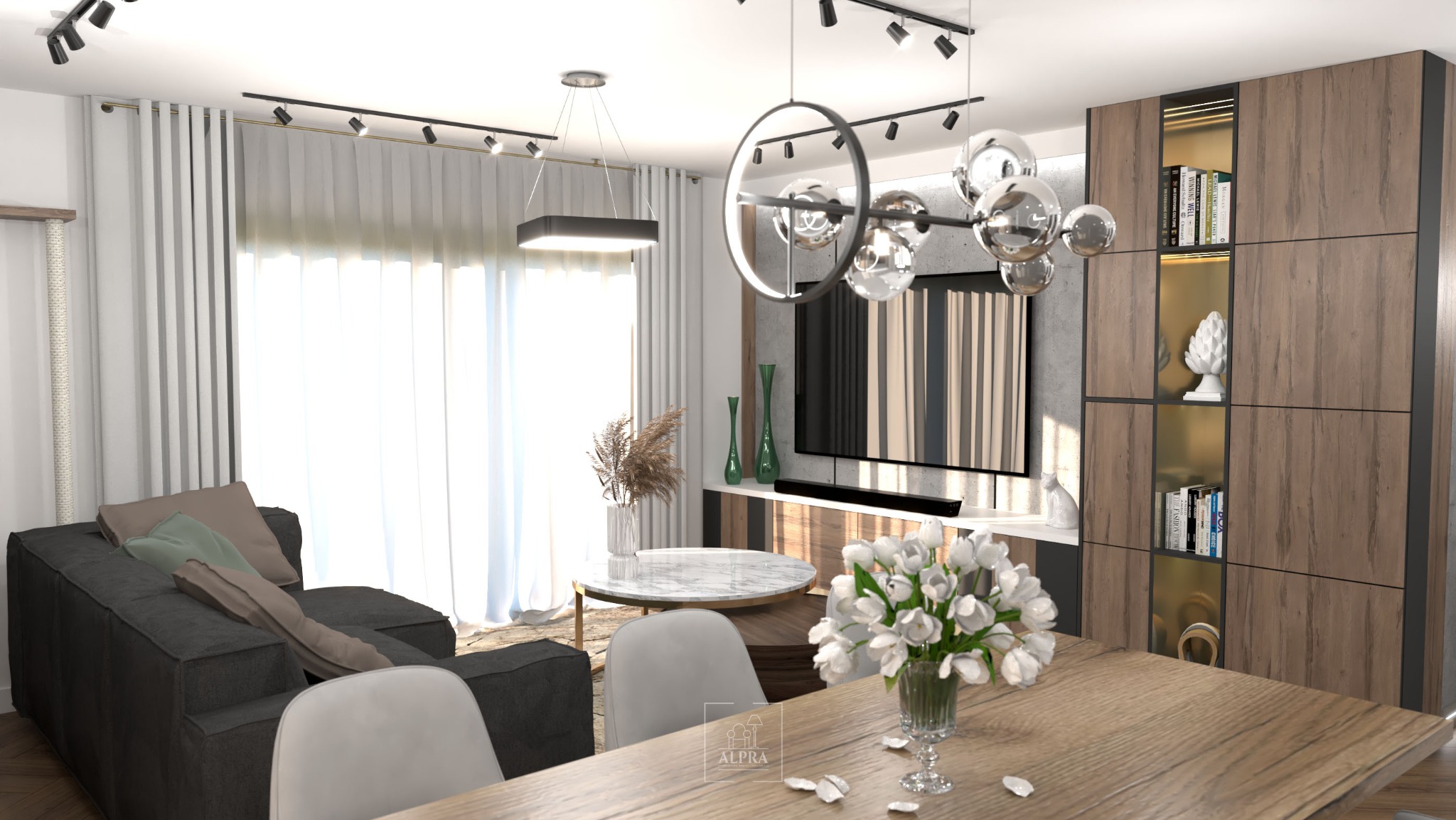 Wizualizacja salonu z ciemnoszarą sofą, okrągłym stolikiem kawowym z marmurowym blatem, drewnianą komodą z telewizorem, dekoracyjnym oświetleniem sufitowym i bukietem białych tulipanów...