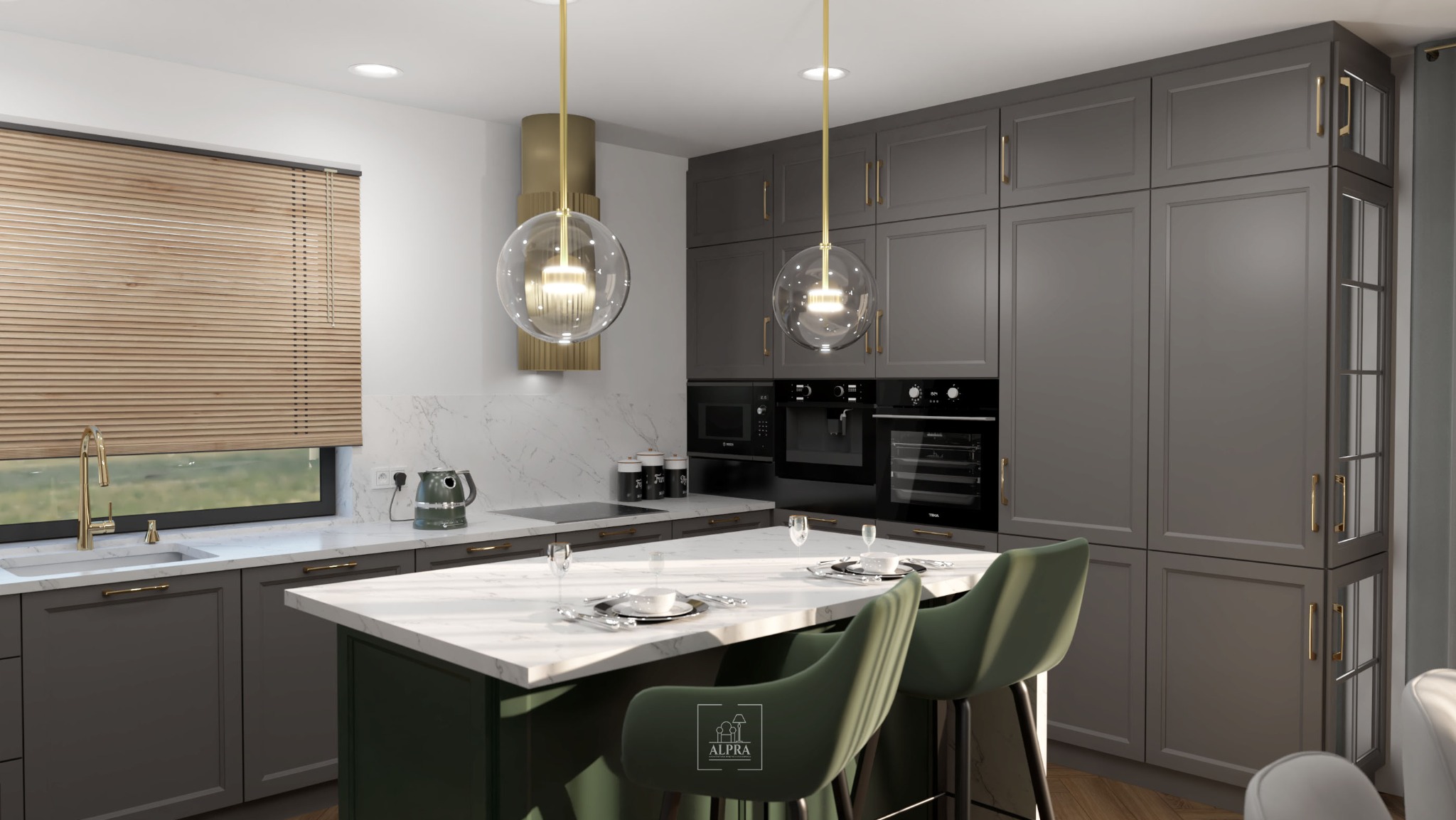 Wizualizacja nowoczesnej kuchni z szarymi szafkami, marmurowym blatem, zielonymi hokerami i złotymi lampami wiszącymi o kulistym kształcie, okno z drewnianymi żaluzjami.