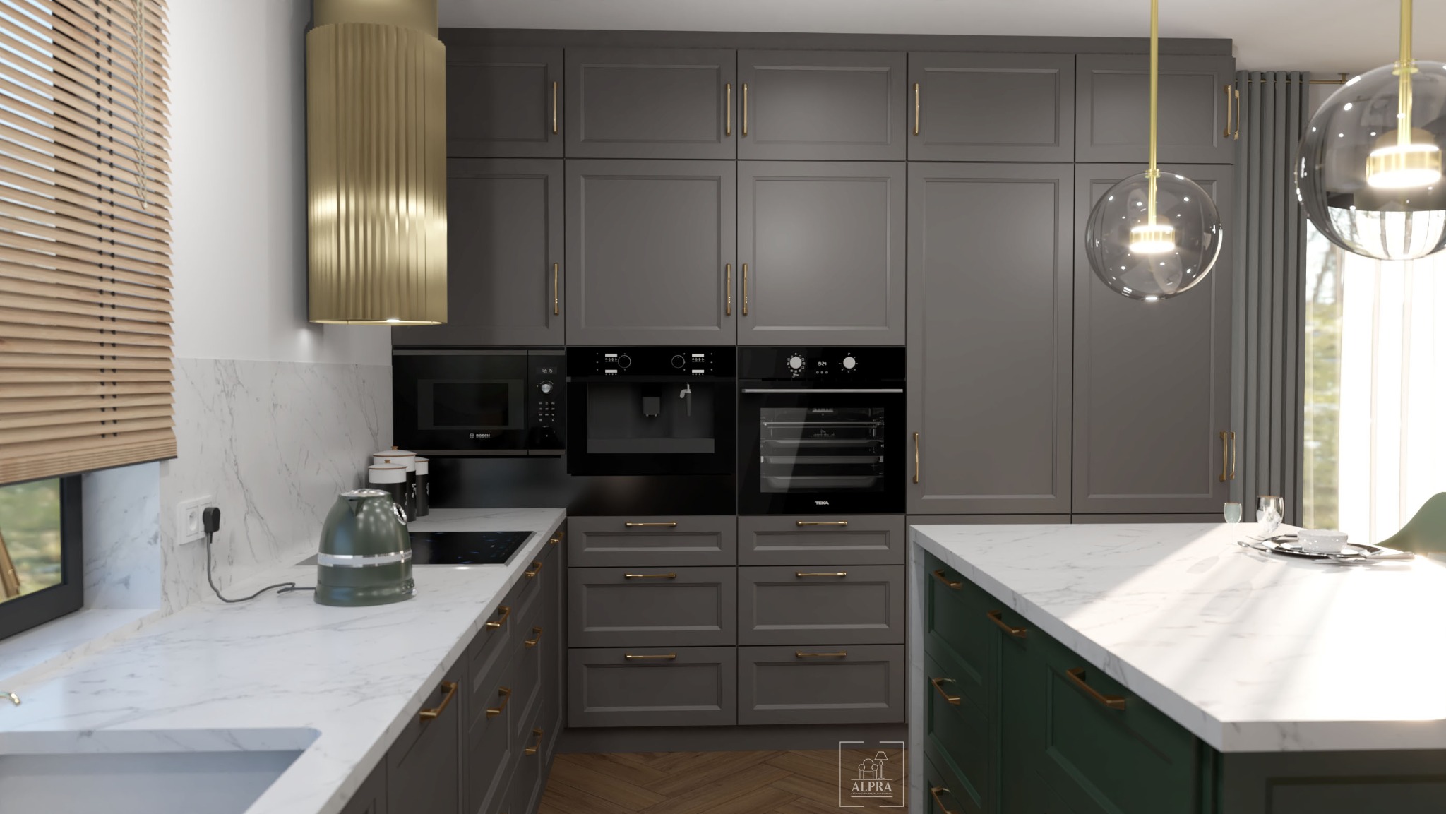 Nowoczesna kuchnia w odcieniach szarości z marmurowym blatem, złotymi akcentami i designerskim okapem w kształcie tuby.
