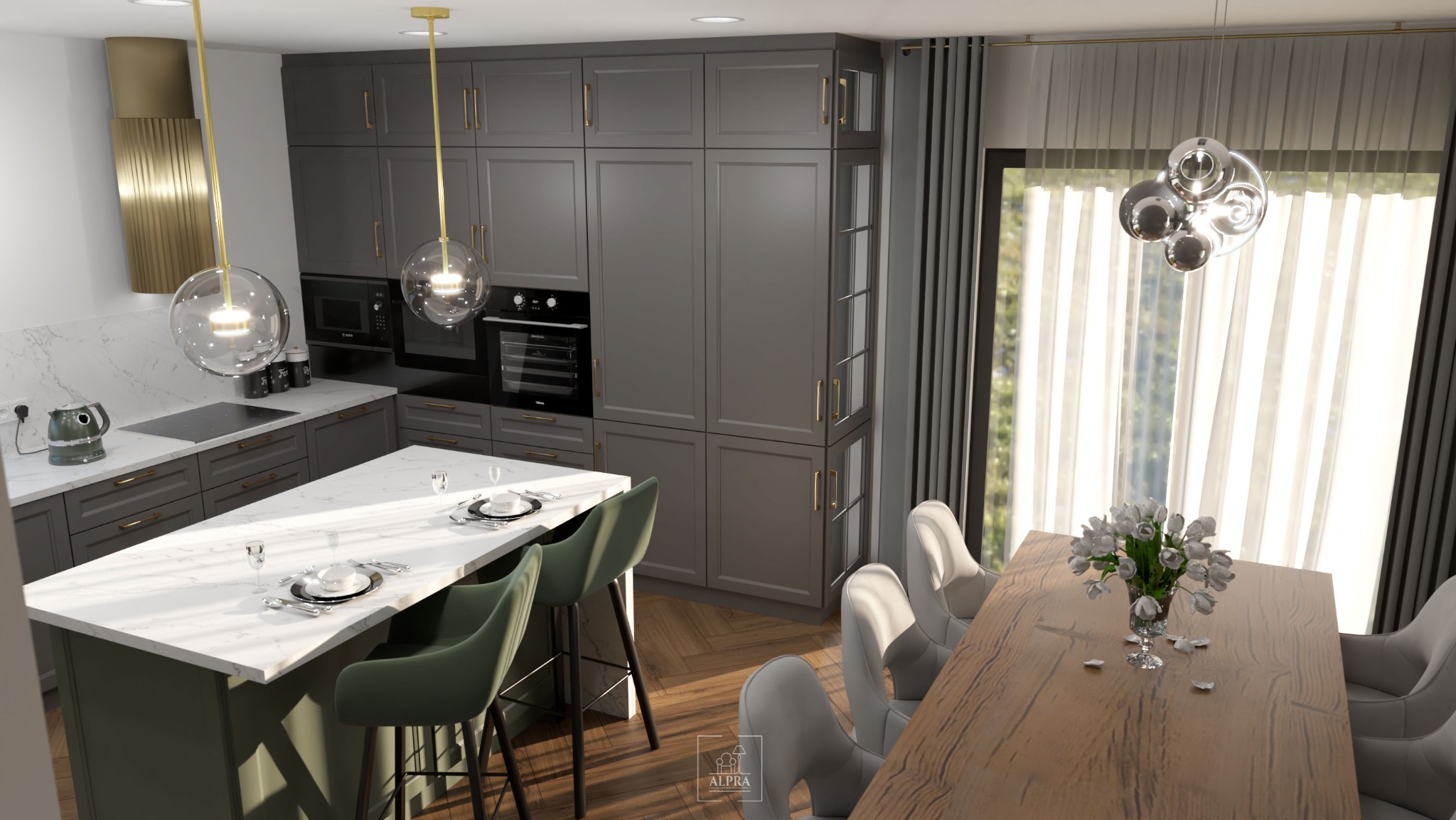 Wizualizacja nowoczesnej kuchni z wyspą, szarymi szafkami i złotymi akcentami, oświetlona kulistymi lampami i naturalnym światłem z okna z zasłonami.