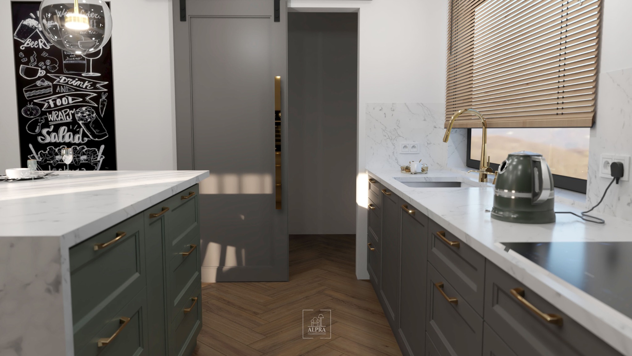 Nowoczesna kuchnia z szarymi szafkami, marmurowym blatem, złotą armaturą i czarną tablicą kredową z rysunkami menu, oświetlona wiszącą lampą.