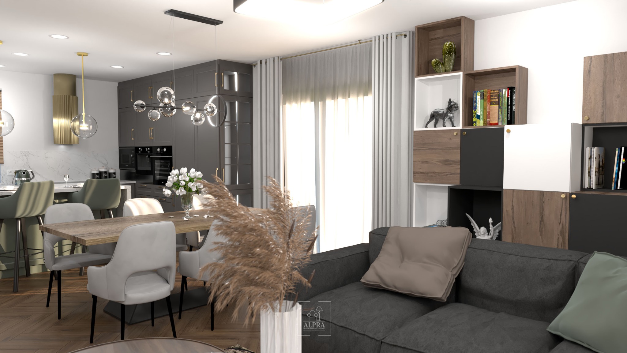 Wnętrze przestronnego salonu z aneksem kuchennym, drewniany stół z jasnymi krzesłami, szara sofa z dekoracyjnymi poduszkami, regał modułowy z książkami i figurkami, nowoczesne lampy wiszące, pampas...