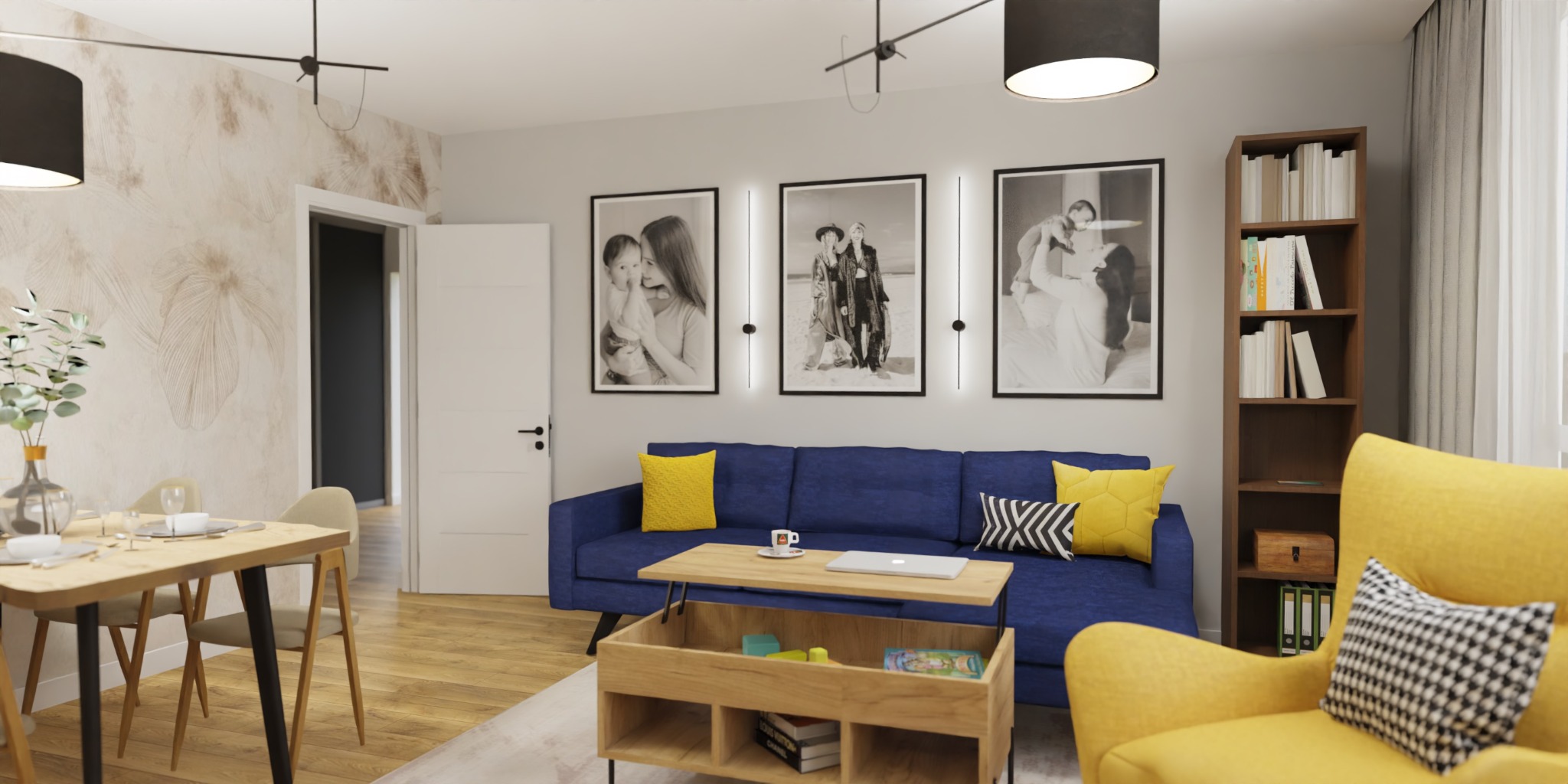 Wizualizacja salonu z niebieską sofą, żółtym fotelem, drewnianym stolikiem kawowym z podnoszonym blatem, stołem jadalnym z bukietem kwiatów, czarno-białymi zdjęciami w ramach na ścianie i wzorzystą...