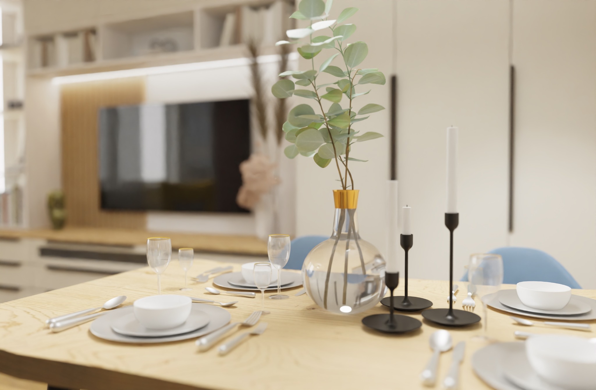 Elegancko nakryty stół z drewnianym blatem, minimalistyczna zastawa w odcieniach szarości i bieli, szklane kieliszki ze złotym obramowaniem, dekoracyjny wazon z eukaliptusem i czarne świeczniki,...