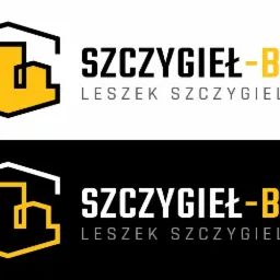 Logo firmy budowlanej Szczygieł-Bud Leszek Szczygielski. Grafika przedstawia stylizowane budynki pod dachem w kolorach czarnym, białym i żółtym na jasnym i ciemnym tle.