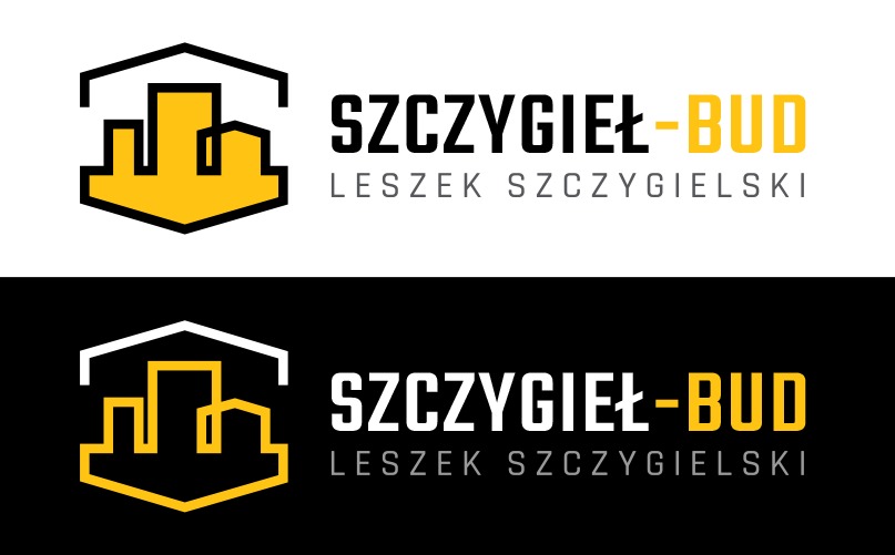 Logo firmy budowlanej Szczygieł-Bud Leszek Szczygielski. Grafika przedstawia stylizowane budynki pod dachem w kolorach czarnym, białym i żółtym na jasnym i ciemnym tle.