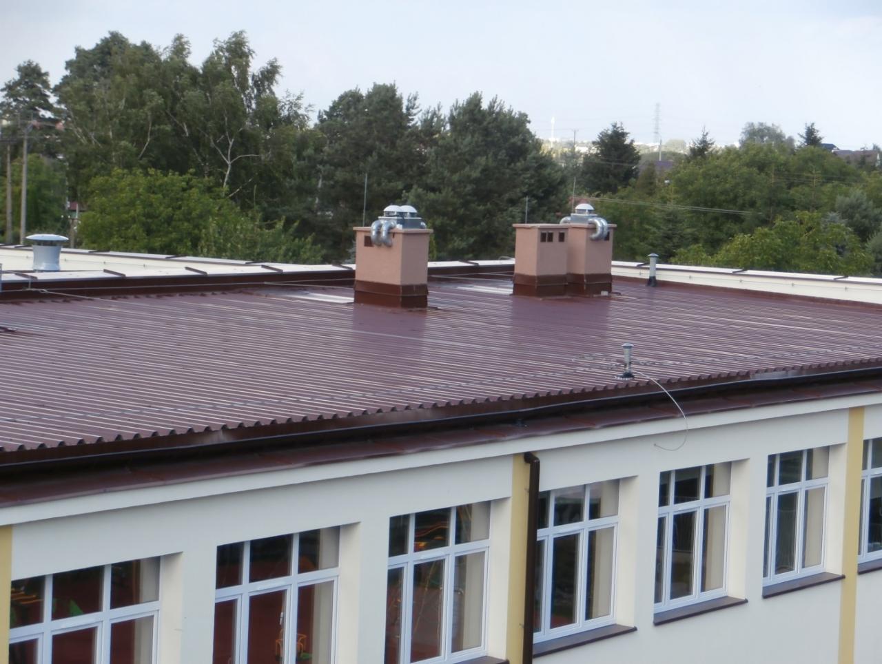 Ciemnobrązowy dach z blachy falistej na budynku z oknami. Widoczne kominy z metalowymi zakończeniami i rynna. W tle drzewa.