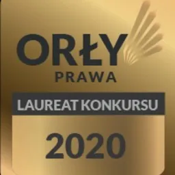 Złota plakietka z napisem 'Orły Prawa', 'Laureat Konkursu 2020' i stylizowanymi piórami. Certyfikat nagrody.