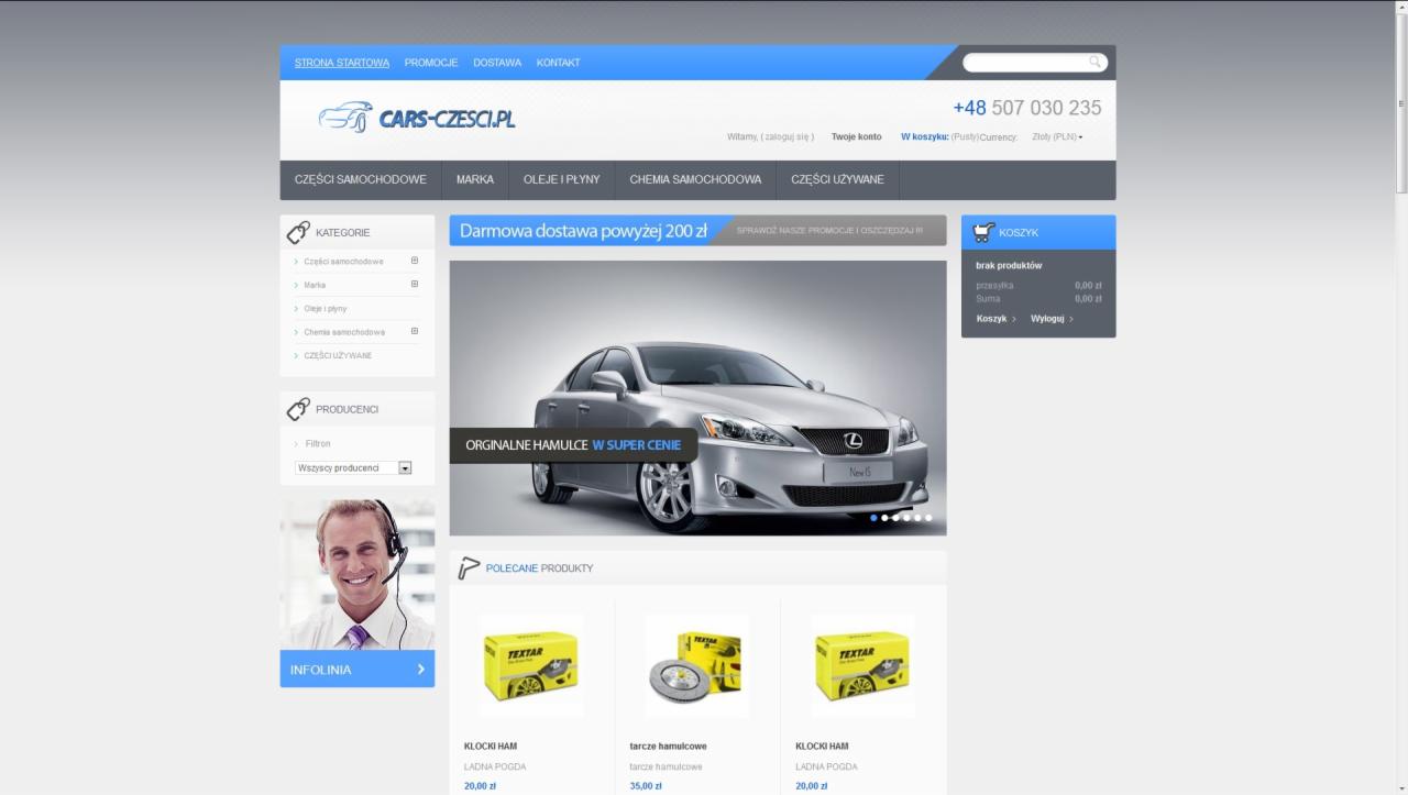Widok strony internetowej sklepu z częściami samochodowymi, z prezentacją srebrnego samochodu osobowego i ofertą oryginalnych hamulców w super cenie, obok widoczny koszyk i dane kontaktowe.