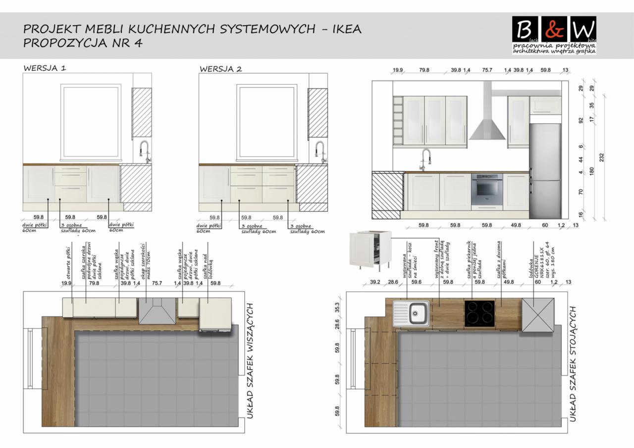 Schemat techniczny projektu kuchni IKEA, wersja 1 i 2, z wymiarami szafek wiszących i stojących, widok z góry i z przodu, z oznaczeniami poszczególnych elementów.