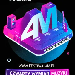 Plakat festiwalu muzycznego w Mińsku Mazowieckim, stylizowany na syntezator z gitarą, w kolorach fioletu i błękitu, z napisem 'Czwarty Wymiar Muzyki' i adresem strony internetowej.