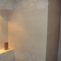 Beżowe płytki z delikatnym motywem różanym zdobią ścianę łazienki, oświetlona półka z brązowym pudełkiem i świecą w rogu.