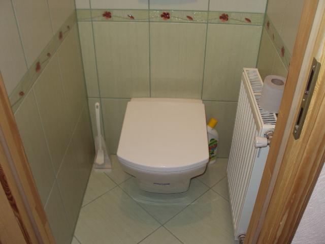 Toaleta z ceramiczną okładziną ścienną w odcieniach zieleni z motywem kwiatowym, grzejnik, papier toaletowy i akcesoria do czyszczenia w małej łazience.