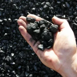 Dłoń trzyma grudki czarnego węgla na tle większej ilości węgla.