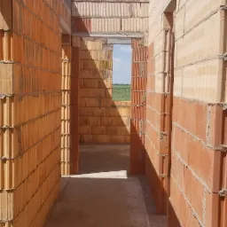 Wnętrze budynku w trakcie budowy, widok na murowane ściany z pustaków ceramicznych, otwory okienne i drzwiowe, betonowa posadzka, w tle błękitne niebo i zielone pole.