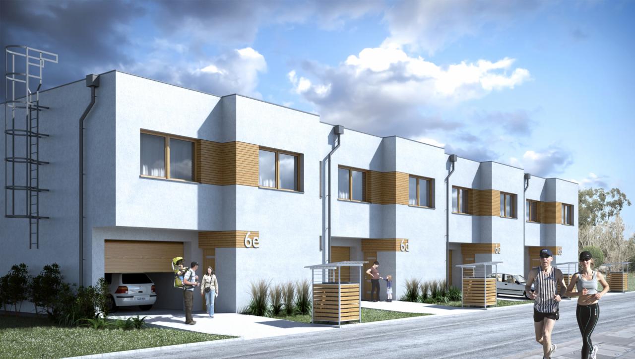 Wizualizacja szeregu nowoczesnych domów jednorodzinnych z garażami, z elementami drewnianymi na elewacji, z biegnącą parą sportowców przed budynkami i rodzinami w pobliżu wejść.