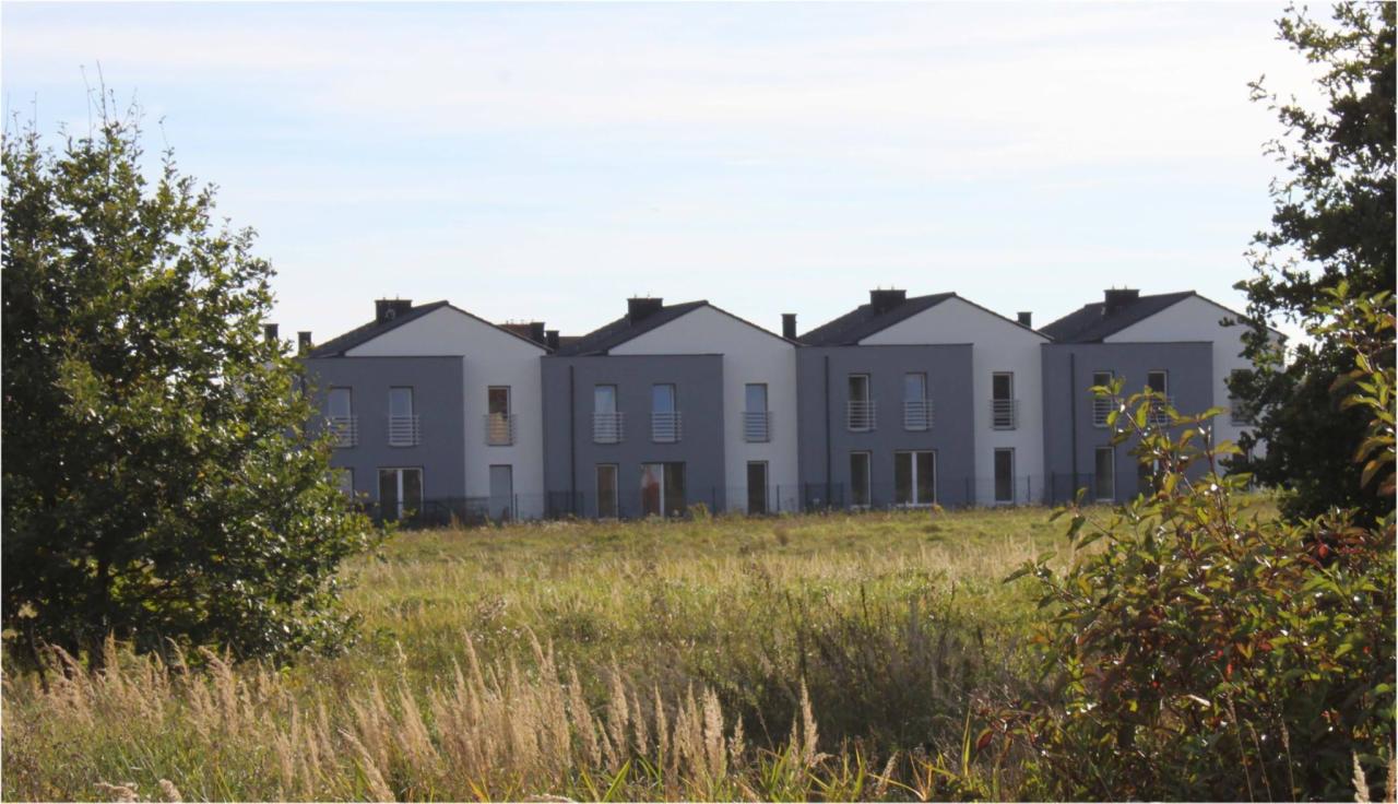 Szereg identycznych, dwukondygnacyjnych domów jednorodzinnych z szarymi elewacjami i białymi elementami, widocznych zza wysokiej trawy i drzew w słoneczny dzień.