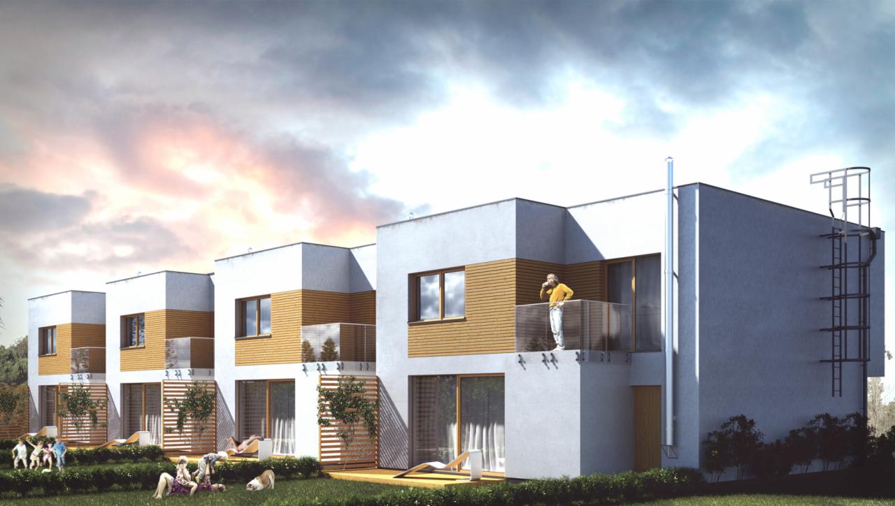 Wizualizacja szeregu nowoczesnych domów z drewnianą elewacją, balkonami i zielonym otoczeniem; w tle zachodzące słońce.