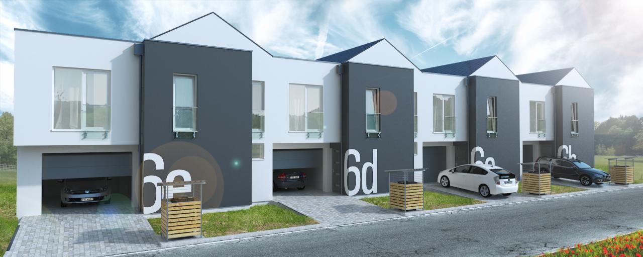 Wizualizacja szeregu nowoczesnych domów jednorodzinnych z garażami, o elewacji w kolorach bieli i szarości, z numerami posesji nadrukowanymi na ścianach, z samochodami zaparkowanymi na podjazdach.