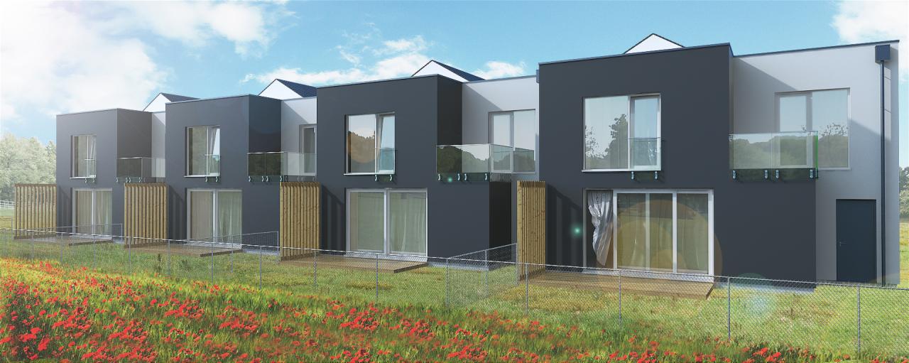 Wizualizacja szeregu nowoczesnych domów w zabudowie bliźniaczej, z balkonami z przezroczystymi balustradami i drewnianymi elementami elewacji, otoczonych łąką z czerwonymi makami.