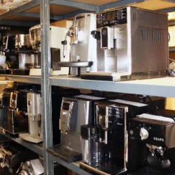 Różne modele ekspresów do kawy, marek Saeco i Krups, ustawione na metalowych półkach magazynowych.