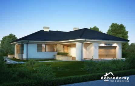 Wizualizacja parterowego domu jednorodzinnego z garażem, biała elewacja z elementami kamienia, ciemny dach, zadbany trawnik i krzewy.