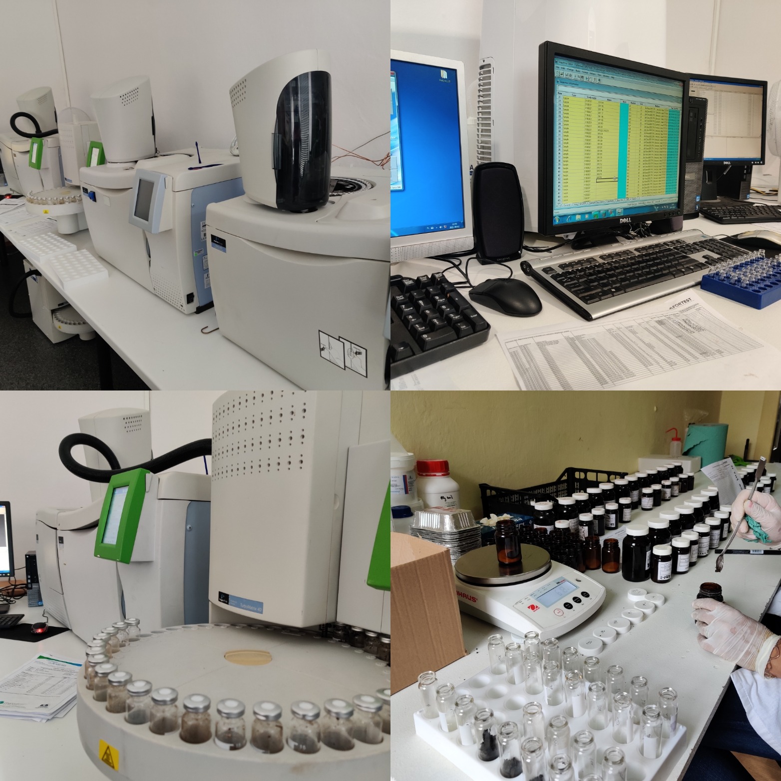 Laboratorium z chromatografami, komputerami z wynikami analiz i probówkami z próbkami, przygotowywanymi do badań.