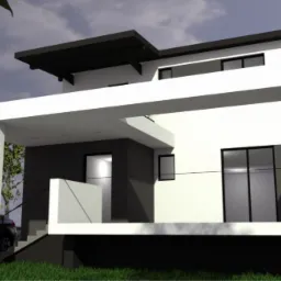Wizualizacja nowoczesnego domu z płaskim dachem, białymi ramami okiennymi i czarnym samochodem zaparkowanym przed wejściem.