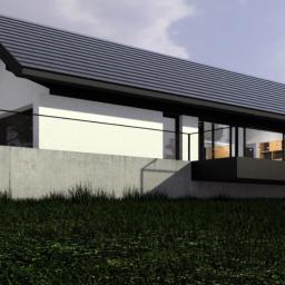 ŁUKASZ ŁADZIŃSKI ARCHITEKT - Wizualizacja nowoczesnego domu jednorodzinnego z płaskim dachem, dużymi przeszkleniami i tarasem, częściowo zagłębionego w ziemi, z widoczną osobą na balkonie.