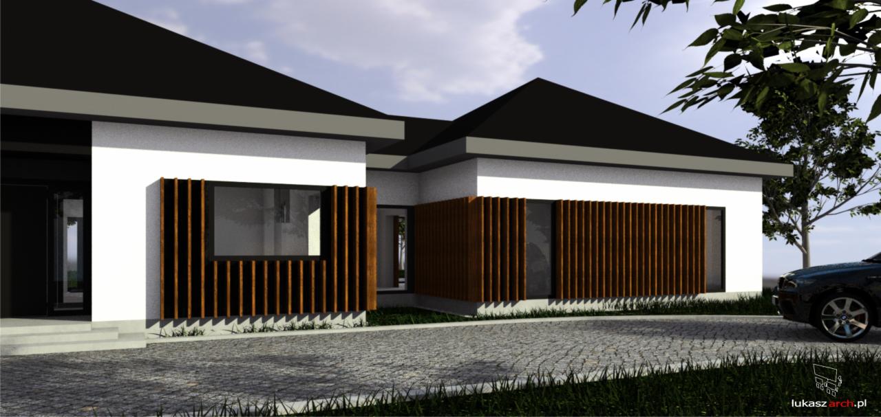 Wizualizacja nowoczesnego domu jednorodzinnego z białymi ścianami, czarnym dachem i drewnianymi osłonami okiennymi, widok z zewnątrz na podjazd wyłożony kostką brukową i fragment zaparkowanego...