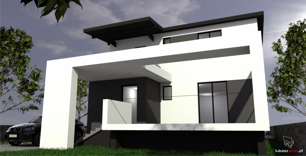 Wizualizacja nowoczesnego domu z płaskim dachem, białymi ramami okiennymi i czarnym samochodem zaparkowanym przed wejściem.