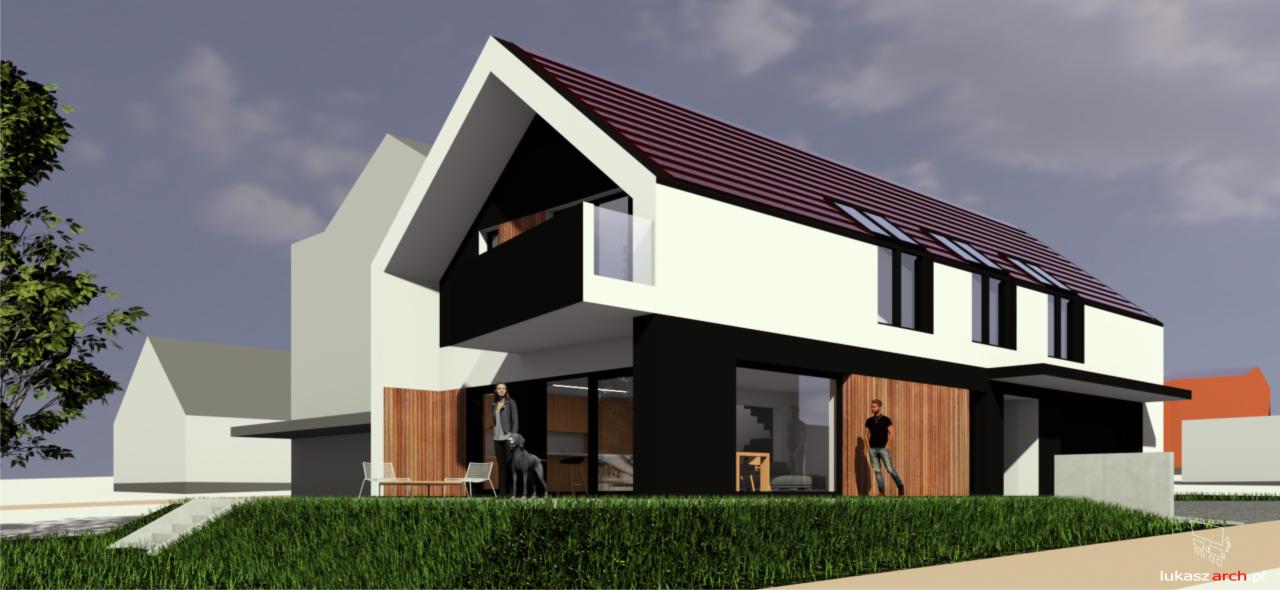 Wizualizacja nowoczesnego domu z dwuspadowym dachem pokrytym czerwoną dachówką, białą elewacją, czarnymi akcentami i drewnianymi panelami, z osobami i psem na tle trawnika.
