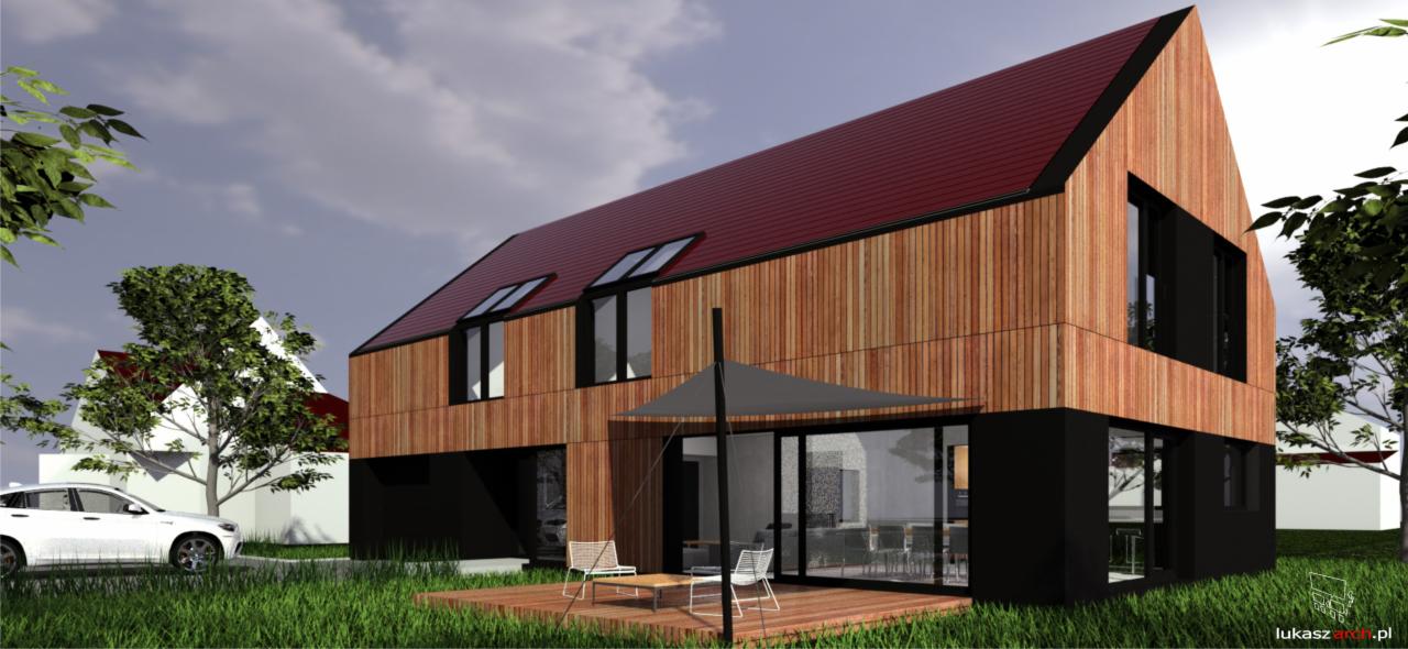 Wizualizacja domu jednorodzinnego z drewnianą elewacją, czerwonym dachem i czarnymi elementami, z tarasem i meblami ogrodowymi na tle zielonego trawnika i zachmurzonego nieba.