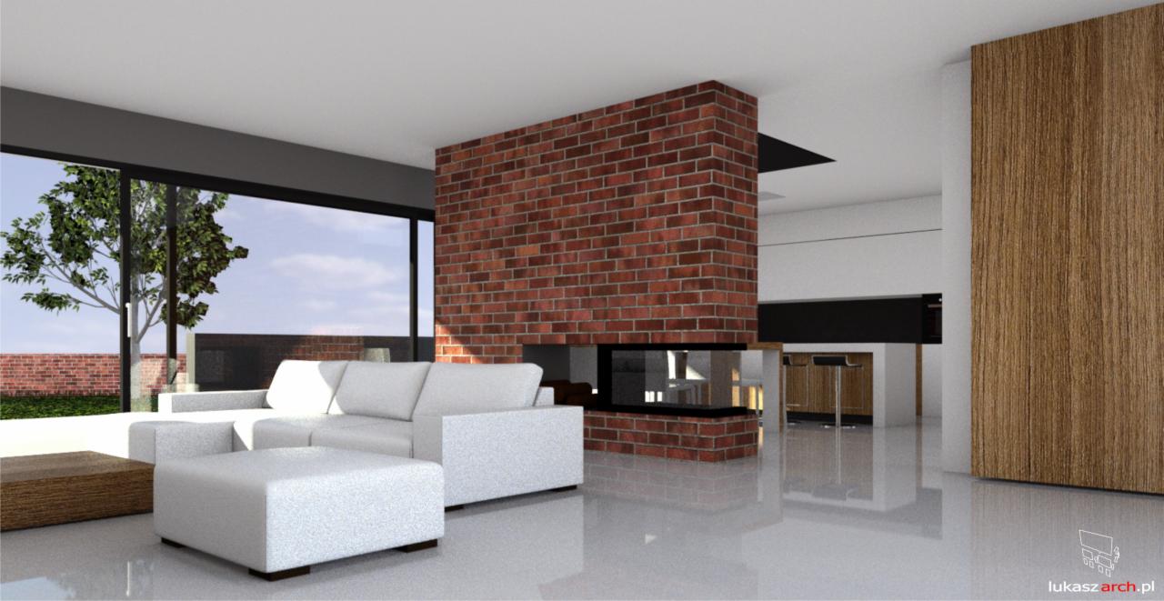 Wizualizacja salonu z ceglanym kominkiem, białym narożnikiem i panoramicznym oknem z widokiem na ogród