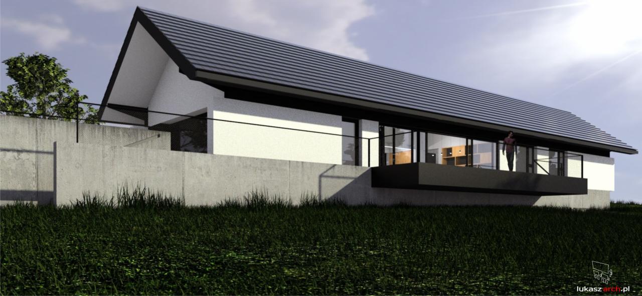 Wizualizacja nowoczesnego domu jednorodzinnego z płaskim dachem, dużymi przeszkleniami i tarasem, częściowo zagłębionego w ziemi, z widoczną osobą na balkonie.