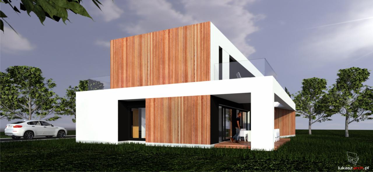 Wizualizacja nowoczesnego domu z drewnianą elewacją, białymi elementami architektonicznymi i balkonem z przeszkloną balustradą, otoczonego zielenią i z białym samochodem w tle.