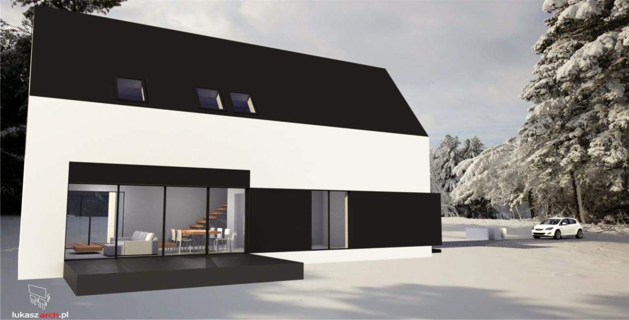 Wizualizacja nowoczesnego, dwukondygnacyjnego domu z płaskim dachem w kolorach bieli i czerni, z dużymi przeszkleniami, na tle zimowego krajobrazu z ośnieżonymi drzewami i białym samochodem w oddali.