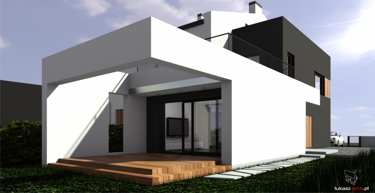 Wizualizacja domu jednorodzinnego z płaskim dachem, w kolorystyce bieli i grafitu, z drewnianym tarasem i minimalistycznym ogrodem.