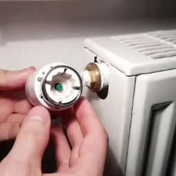Montaż termostatu na grzejniku: dłonie instalują białą głowicę termostatyczną z zielonym elementem na zaworze grzejnika, widoczne gwinty i szczelina między elementami.