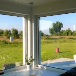 Duże narożne okno z białymi ramami w domu w Koszalinie, z widokiem na zielony ogród i błękitne niebo, z roślinami doniczkowymi na parapecie.