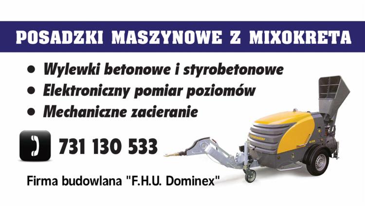 Reklama firmy budowlanej F.H.U. Dominex oferującej posadzki maszynowe z mixokreta, wylewki betonowe i styrobetonowe, elektroniczny pomiar poziomów oraz mechaniczne zacieranie; widoczny numer...